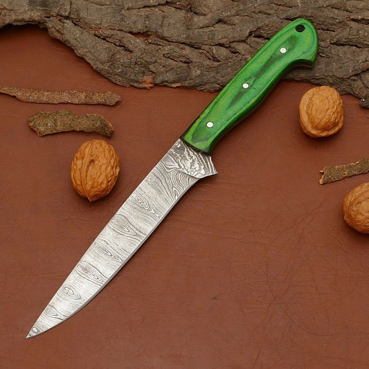 Hand-Forged Damascus Steel Chef Fillet Knife | Custom Kitchen Knife with Wood Handle & Leather Sheath