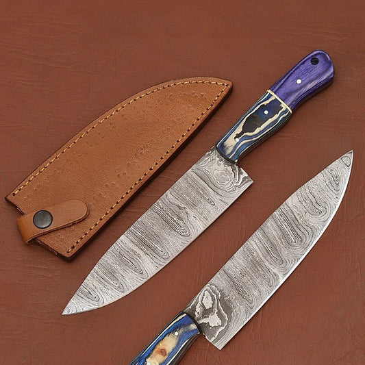 Hand-Forged Damascus Steel Chef Fillet Knife with Pakka Wood Handle & Leather Sheath