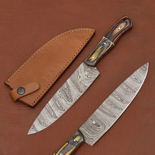 Hand-Forged Damascus Steel Chef Kitchen Knife | 12" Full Tang Wood Handle with Leather Sheath