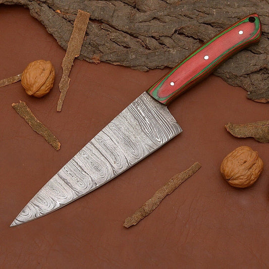 Hand-Forged Damascus Steel Chef Knife – 12" Kitchen & Hunting Knife with Wooden Handle