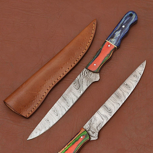 Hand-Forged Damascus Steel Fillet Knife – Custom Kitchen Chef Knife with Wood Handle & Leather Sheath