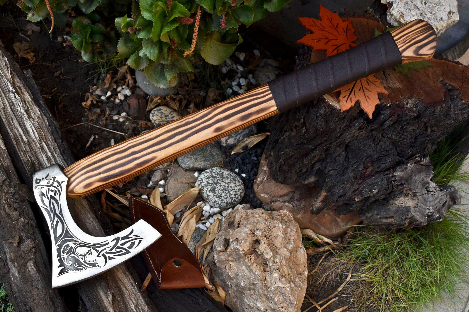 Hand-Forged High Carbon Steel Viking Axe with Etched Blade & Leather Wrapped Handle