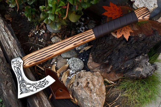 Hand-Forged High Carbon Steel Viking Axe with Etched Blade & Leather Wrapped Handle