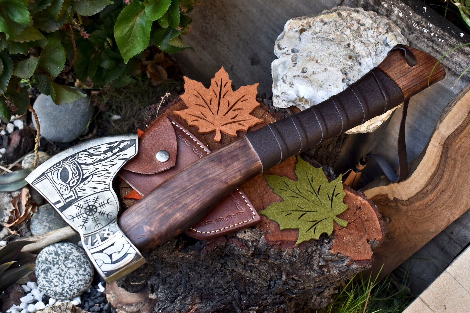 Hand-Forged Viking Axe | High Carbon Steel Etched Blade with Leather Wrapped Handle