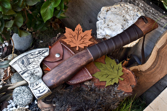 Hand-Forged Viking Axe | High Carbon Steel Etched Blade with Leather Wrapped Handle