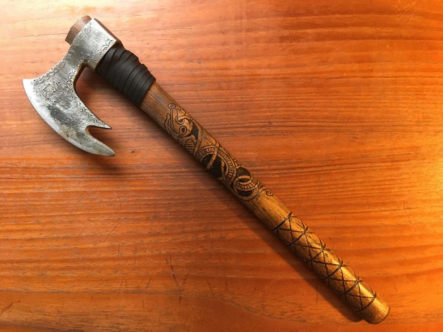 Hand-Forged Viking Battle Axe | Custom Hatchet with Hand-Carved Hickory Handle