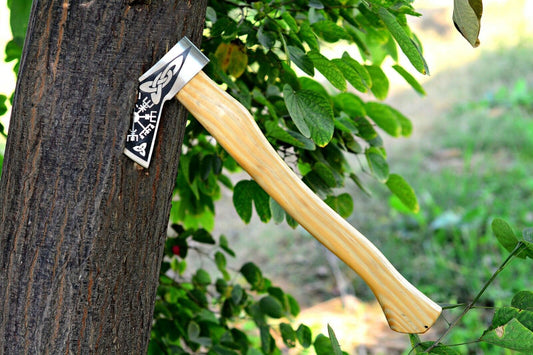 Hand Forged 1095 Carbon Steel Viking Tomahawk with Olive Wood Handle and Leather Sheath