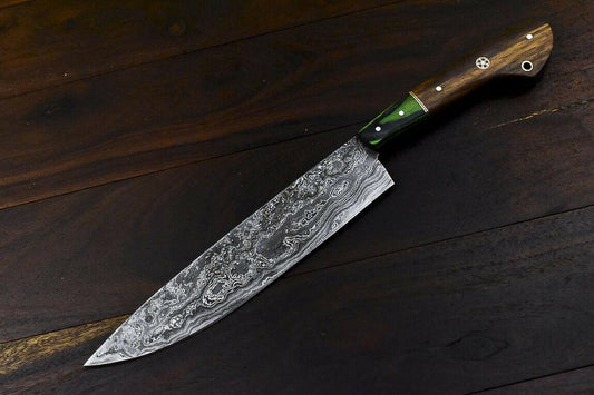 Hand Forged 13" Damascus Steel Hunting & Chef Knife with Walnut Wood Handle and Wooden Bolster