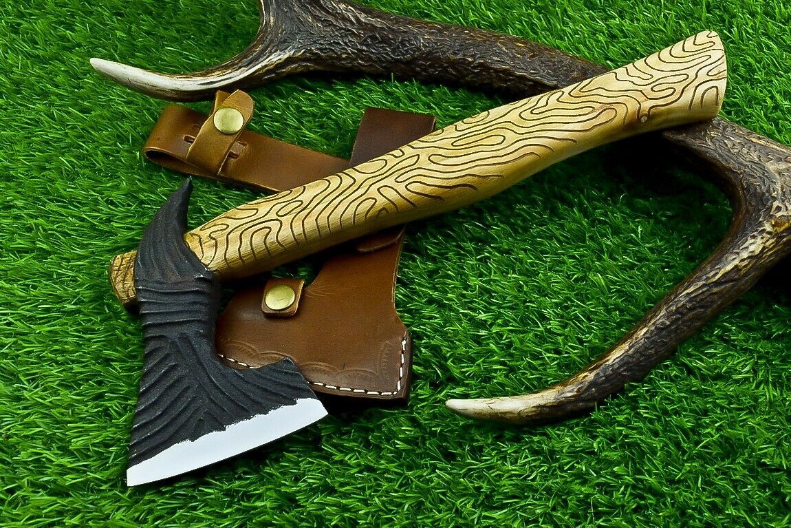 Hand Forged 13 Inch Viking Carbon Steel Axe with Natural Wood Handle and Sheath
