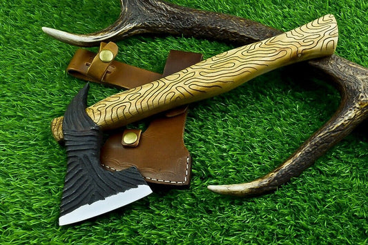 Hand Forged 13 Inch Viking Carbon Steel Axe with Natural Wood Handle and Sheath
