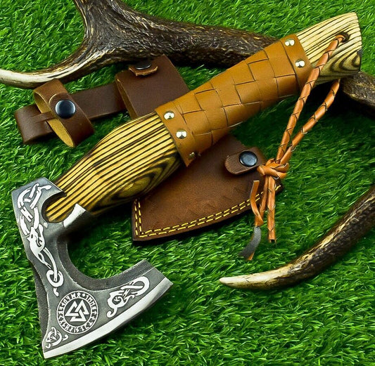 Hand Forged 13 Inch Viking Steel Axe with Ash Wood Leather Wrapped Handle and Sheath