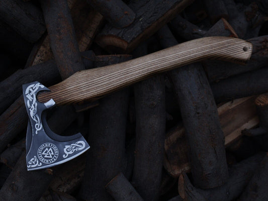 Hand Forged 18 Inch Viking Axe Carbon Steel Blade with Ash Wood Handle and Leather Sheath