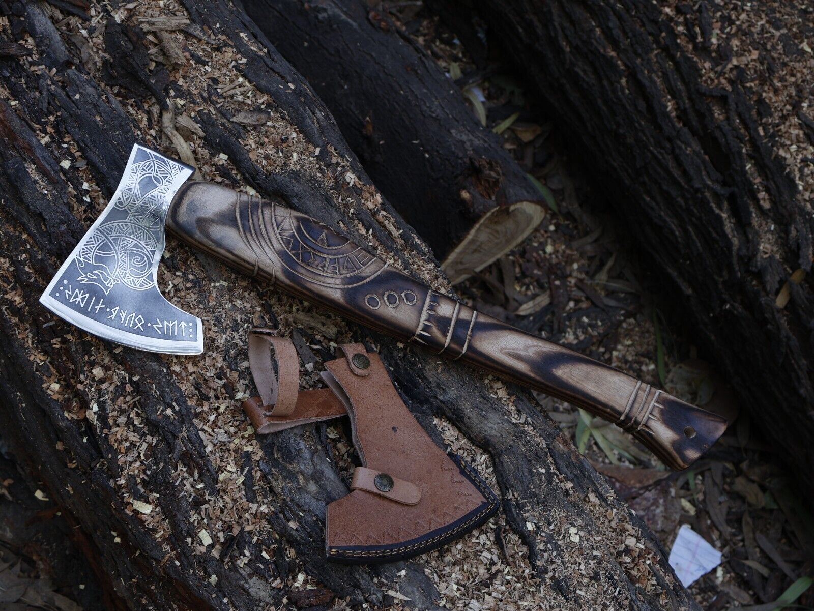 Hand Forged 21 Inch Viking Axe Carbon Steel Blade with Engraved Ash Wood Handle and Leather Sheath