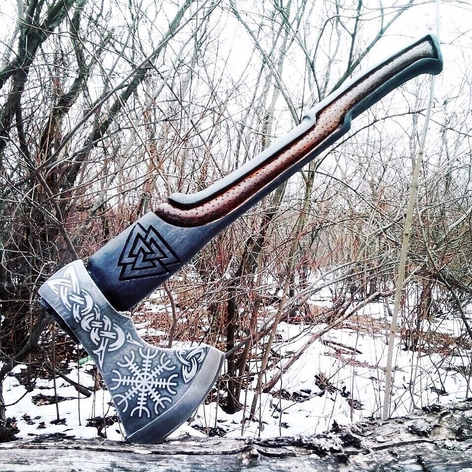 Hand Forged Authentic Viking Axe Damascus Steel War Axe with Sheath