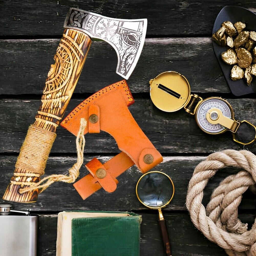 Hand Forged Bearded Ragnar Viking Axe 13" Damascus Steel Camping Hatchet