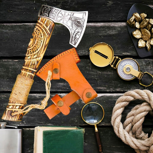 Hand Forged Bearded Ragnar Viking Axe 13" Damascus Steel Camping Hatchet