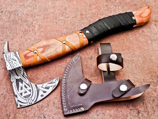 Hand Forged Bearded Viking Axe 15 Inch High Carbon Steel Tomahawk with Natural Wood Handle and Leather Sheath