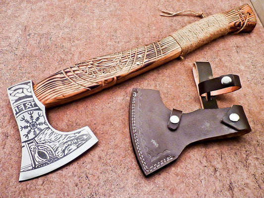 Hand Forged Bearded Viking Axe 20 Inch High Carbon Steel Tomahawk with Natural Wood Handle and Leather Sheath