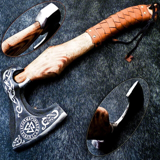 Hand Forged Bearded Viking Axe with Natural Wood Handle and Leather Sheath