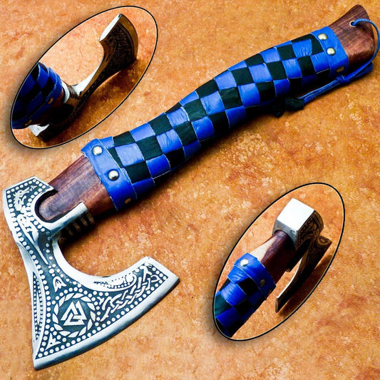 Hand Forged Carbon Steel Bearded Viking Hatchet 13.5 Inch Camping Axe with Wooden Handle