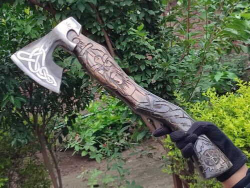 Hand Forged Carbon Steel Viking Axe 19 Inch Throwing Hatchet with Carved Ashwood Handle and Leather Sheath