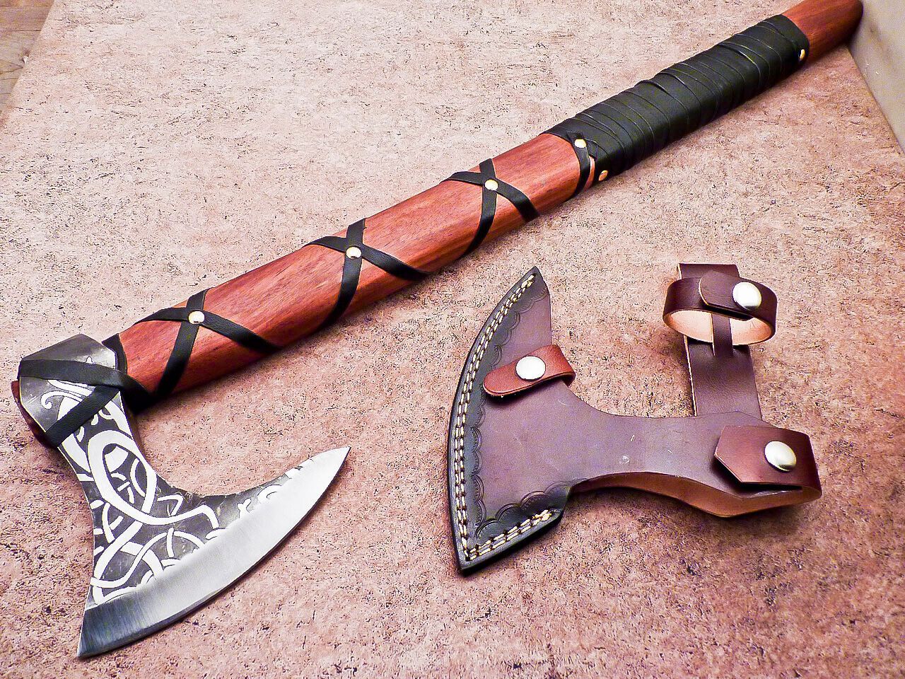 Hand Forged Carbon Steel Viking Axe 20" Bearded Hatchet Tomahawk with Natural Wood Handle and Leather Sheath