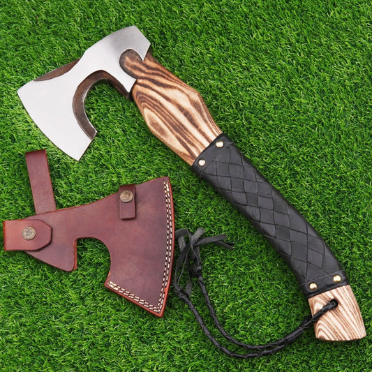 Hand Forged Carbon Steel Viking Axe Nordic Bearded Battle Axe with Rosewood Handle and Leather Sheath