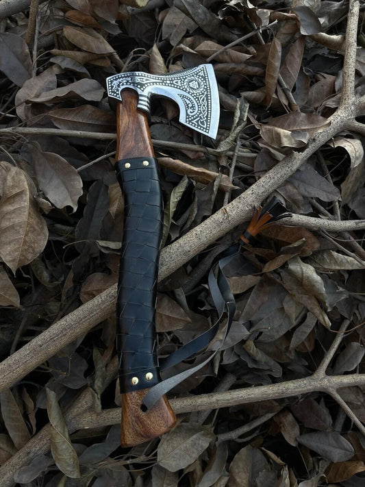 Hand Forged Carbon Steel Viking Axe with Ash Wood Shaft and Leather Sheath