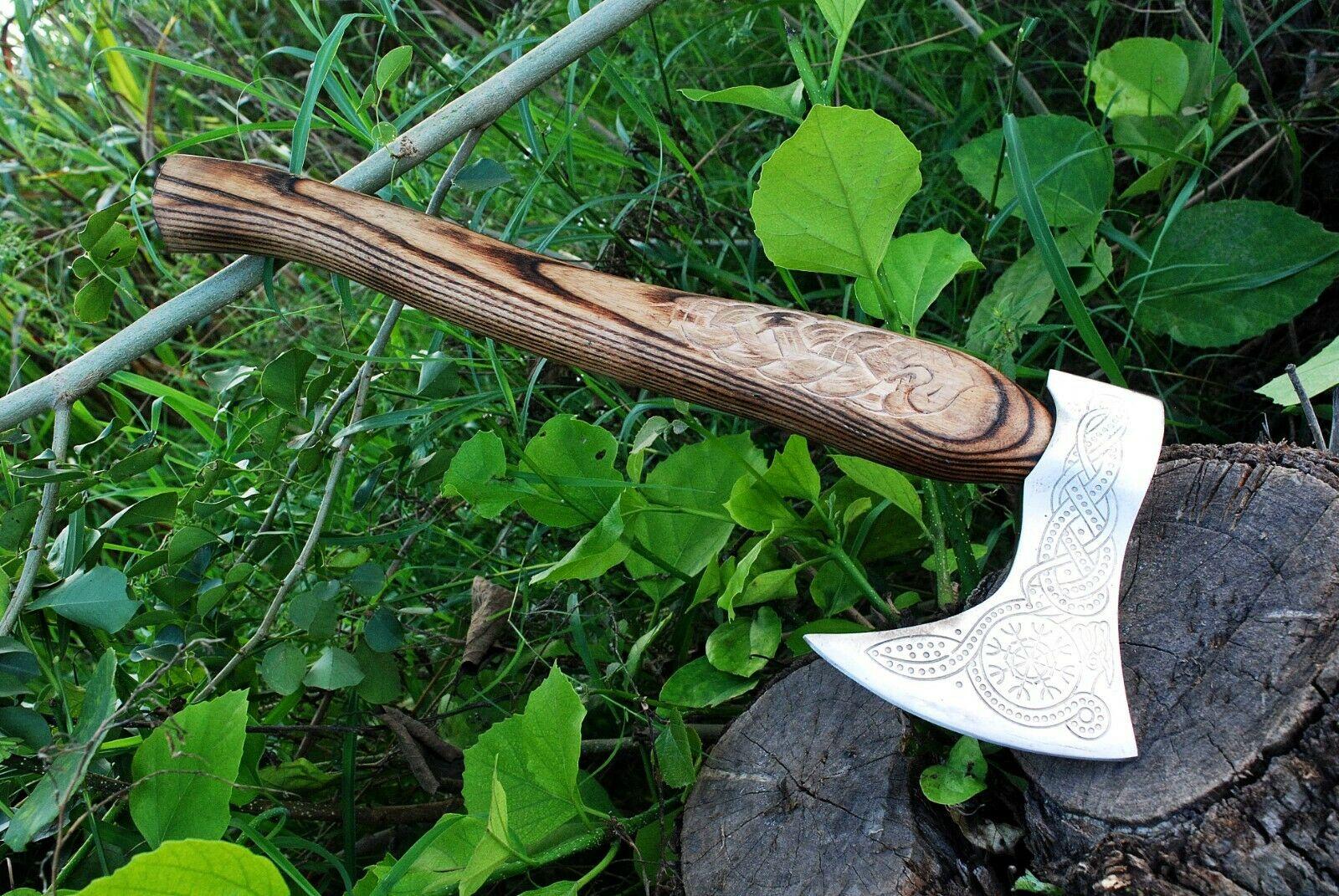 Hand Forged Carbon Steel Viking Axe with Dragon Engraved Ash Wood Handle & Leather Sheath