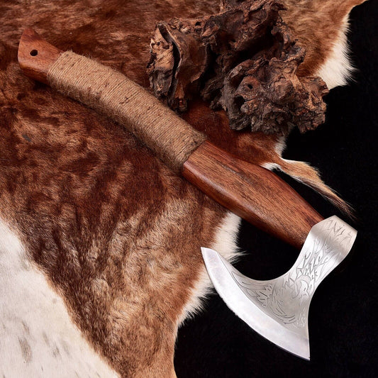 Hand Forged Carbon Steel Viking Battle Hatchet Tomahawk Axe with Ash Wood Handle and Sheath