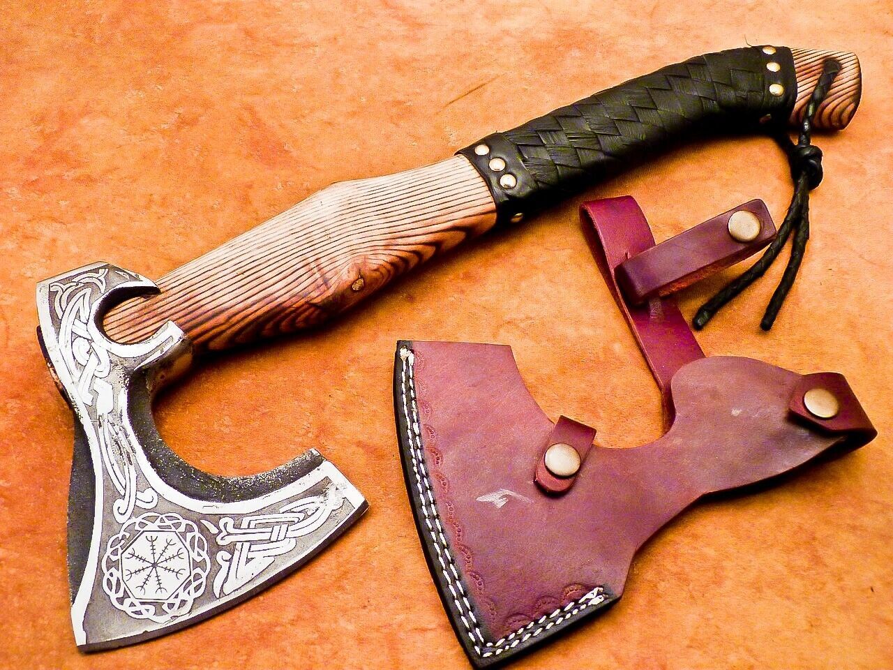 Hand Forged Carbon Steel Viking Bearded Axe 17" Hatchet Tomahawk with Wood Handle and Leather Sheath