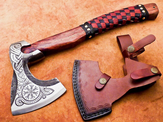 Hand Forged Carbon Steel Viking Bearded Camping Hatchet Tomahawk Axe with Leather Wrapped Wood Handle