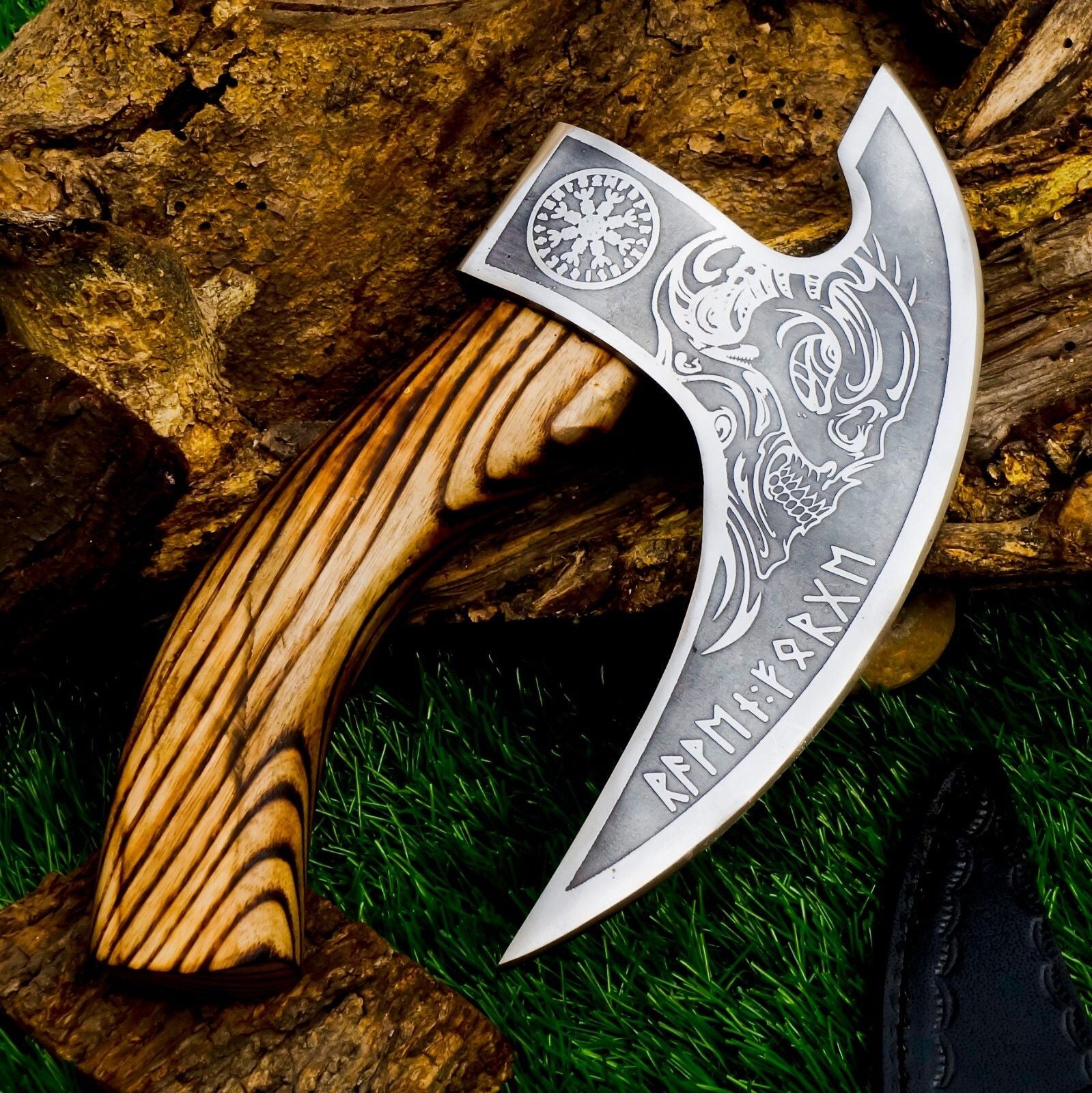 Hand Forged Carbon Steel Viking Bearded Cutter Axe with Ashwood Handle and Leather Sheath – Camping & Outdoor Tool