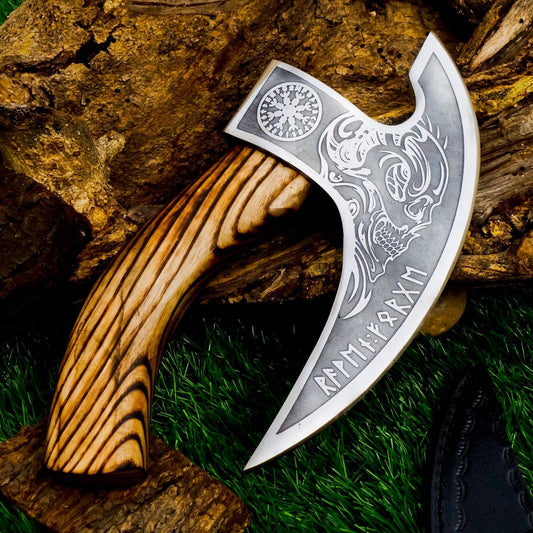 Hand Forged Carbon Steel Viking Bearded Cutter Axe with Ashwood Handle and Leather Sheath – Camping & Outdoor Tool