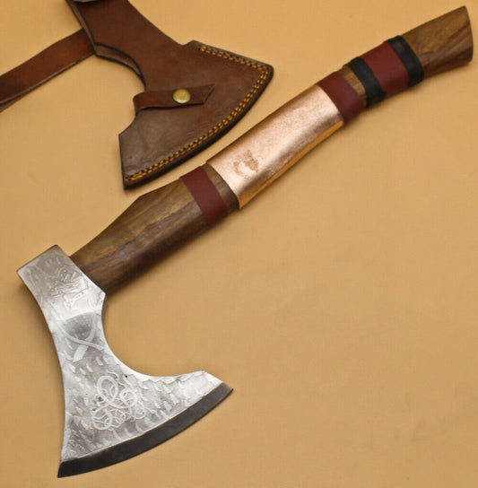 Hand Forged Carbon Steel Viking Bearded Hatchet Axe with 20 Inch Handle and Leather Sheath