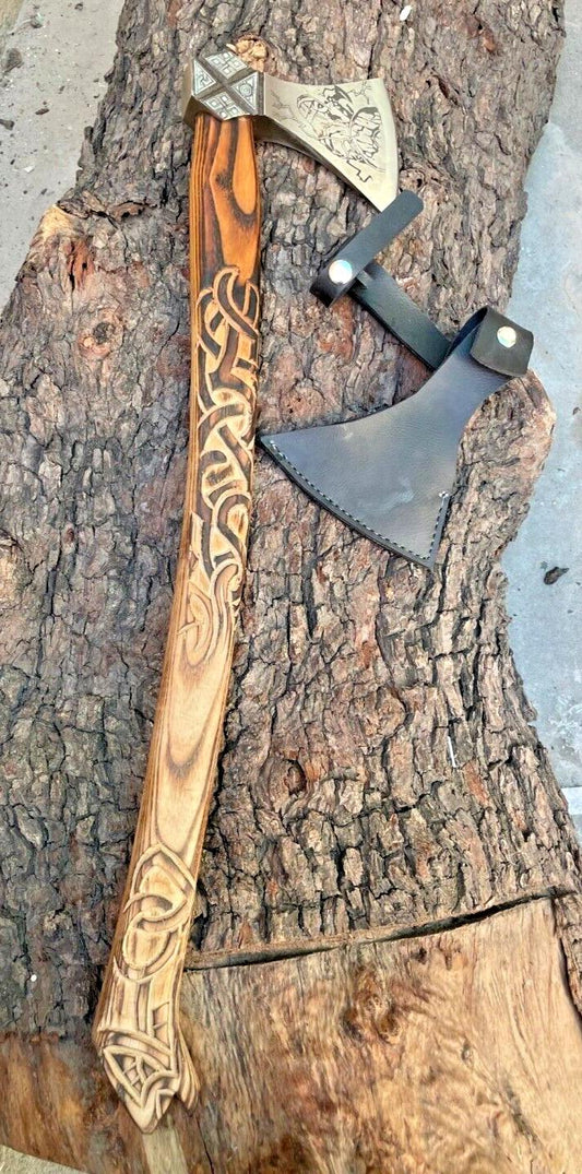 Hand Forged Carbon Steel Viking Bushcraft Axe with Wooden Handle and Leather Sheath