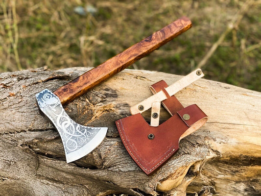 Hand Forged Carbon Steel Viking Valhalla Throwing Axe with Ash Wood Handle and Leather Sheath