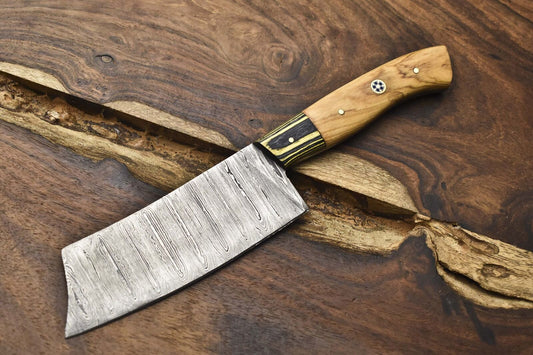 Hand Forged Clever Chopper Chef Knife B-Ring Damascus Olive Wood EDC