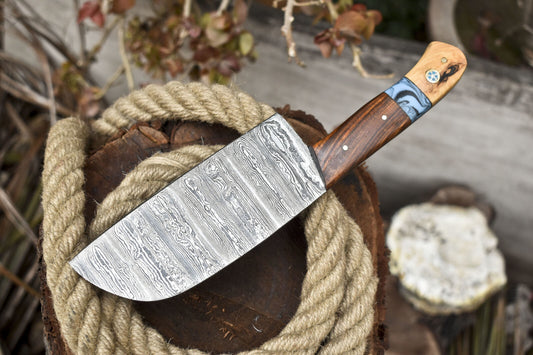 Hand Forged Clever Chopper Chef Knife – Twist Damascus Steel with Hardwood Handle
