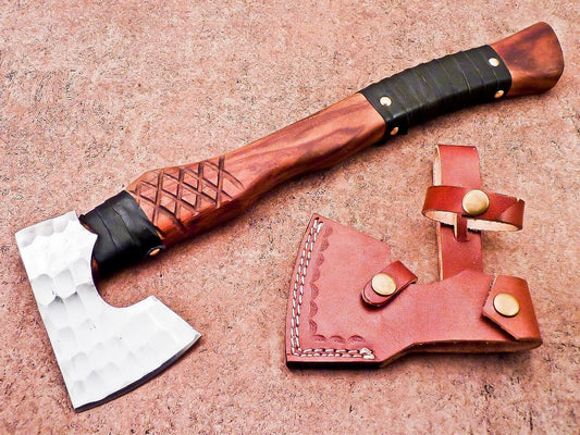 Hand Forged D2 Steel Bearded Viking Camping Axe 17 Inch with Natural Wood Handle