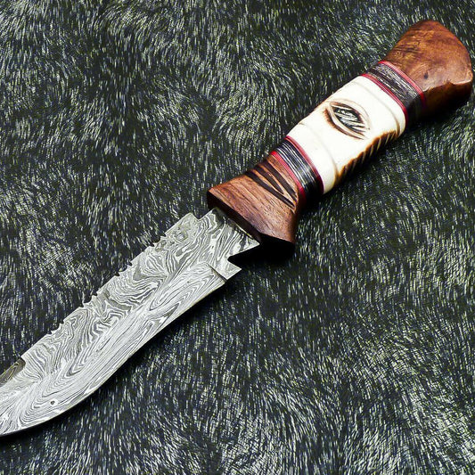 Hand Forged Damascus 11" Bowie Hunting Knife | Camel Bone Handle
