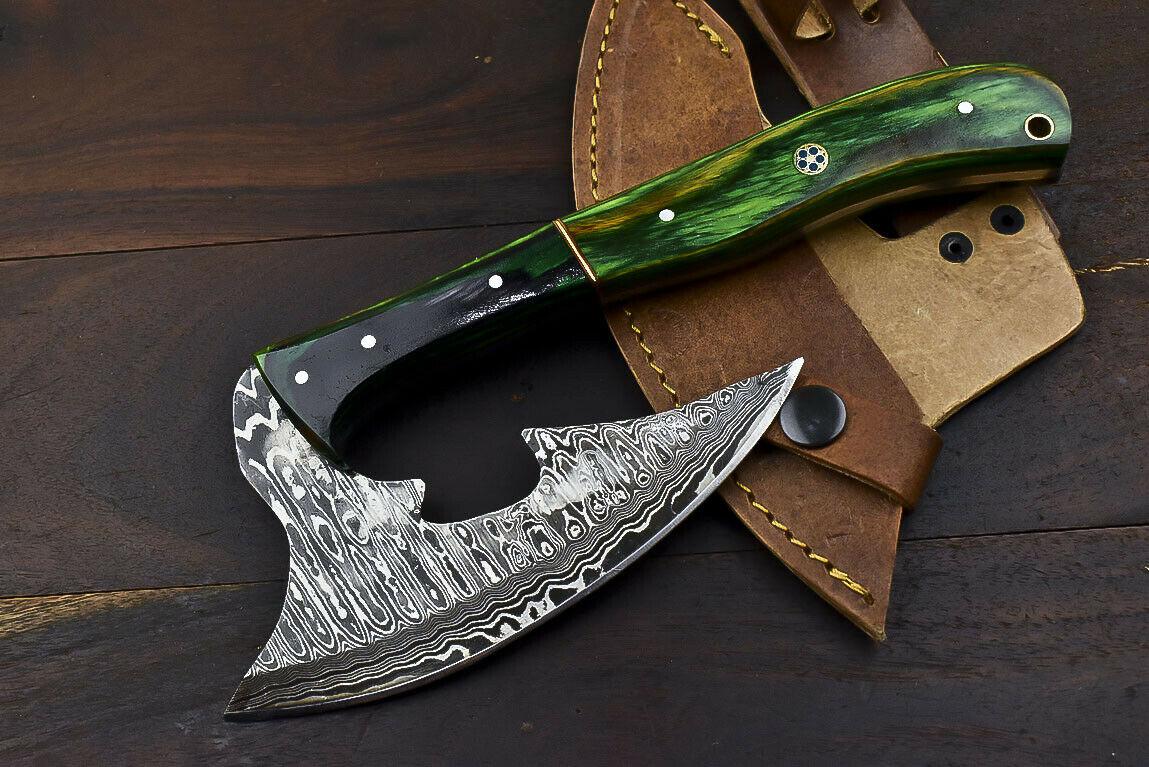 Hand Forged Damascus Axe Hard Wood Handle Damascus Steel Axe Clever Chopper Knife with Leather Sheath