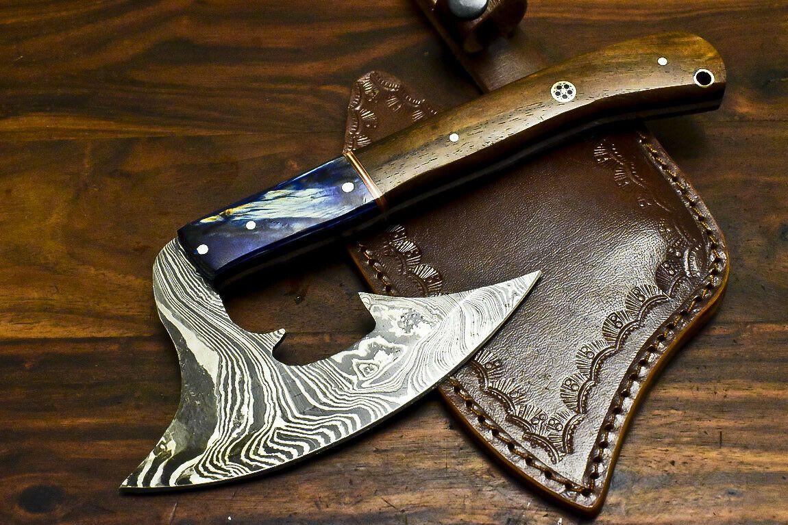 Hand Forged Damascus Axe Hunting Chopper with Walnut Wood Handle | Custom Damascus Steel Axe Knife