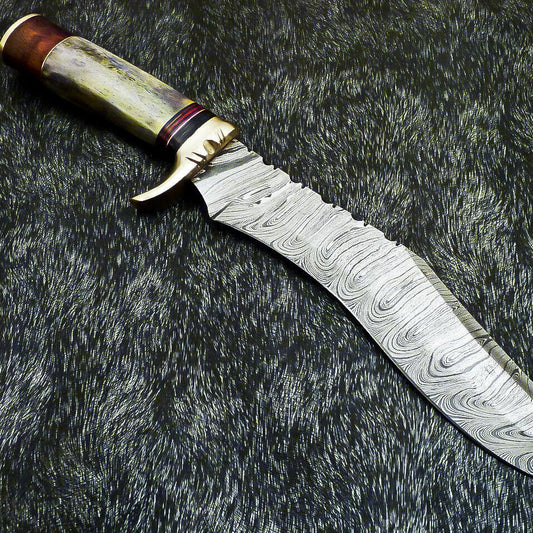 Hand Forged Damascus Bowie Hunting Knife – Stained Bone Handle