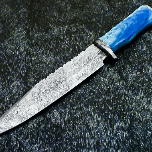 Hand Forged Damascus Bowie Hunting Knife | Stained Bone Handle & Leather Sheath