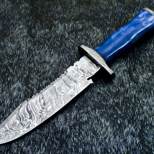 Hand Forged Damascus Bowie Hunting Knife | Stained Camel Bone Handle & Leather Sheath