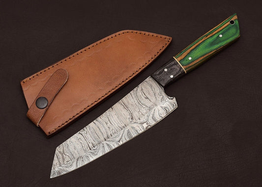 Hand Forged Damascus Steel Chef & Hunting Knife 8" Blade Pakka Wood Handle Sheath