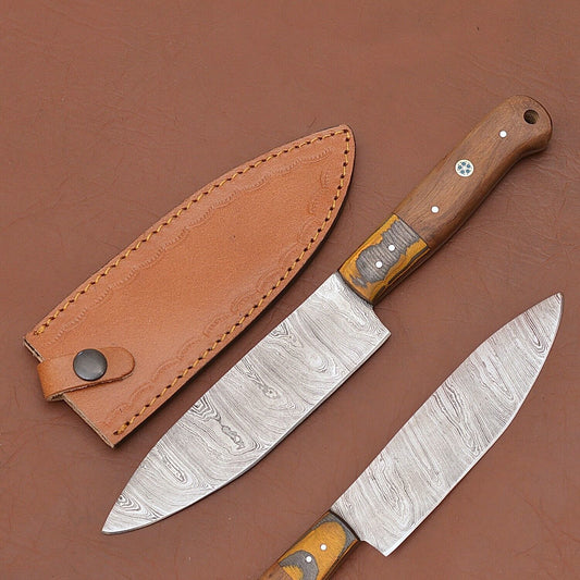 Hand Forged Damascus Steel Chef Knife | Custom Kitchen Knife with Wood Handle & Sheath