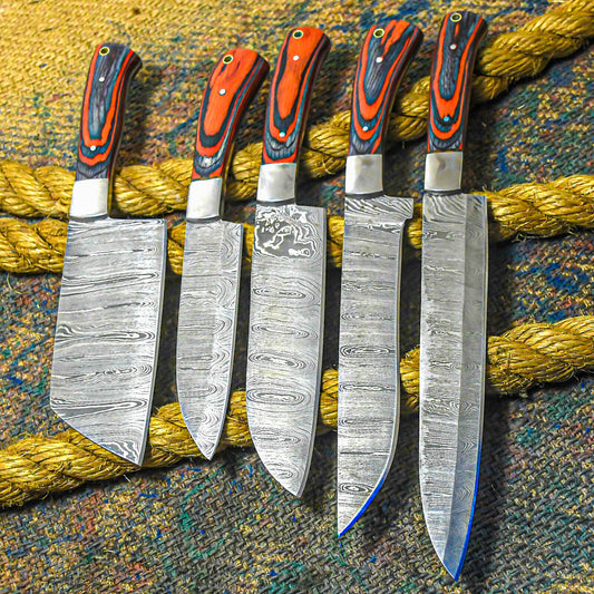 Hand Forged Damascus Steel Chef Knife Set – 5 Piece Colored Wood Handle