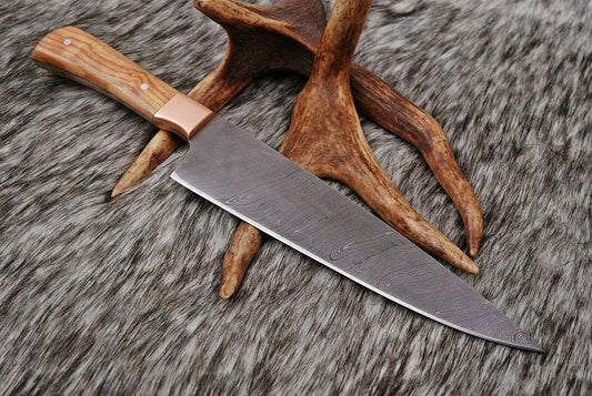 Hand Forged Damascus Steel Chef Knife with Copper Guard & Olive Wood Handle – 12"